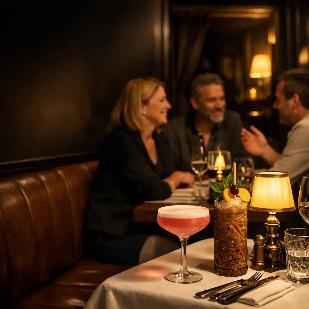 Cocktails et gestes de conversation autour d’une table dans un bistro français nocturne.