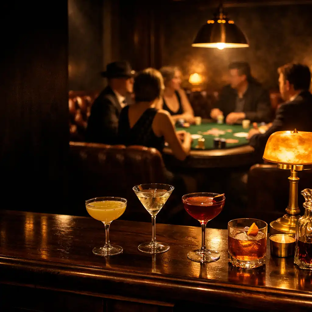 Bar sombre, banquettes et silhouettes autour d’une table en feutre dans l’univers nocturne de Navzerelle.