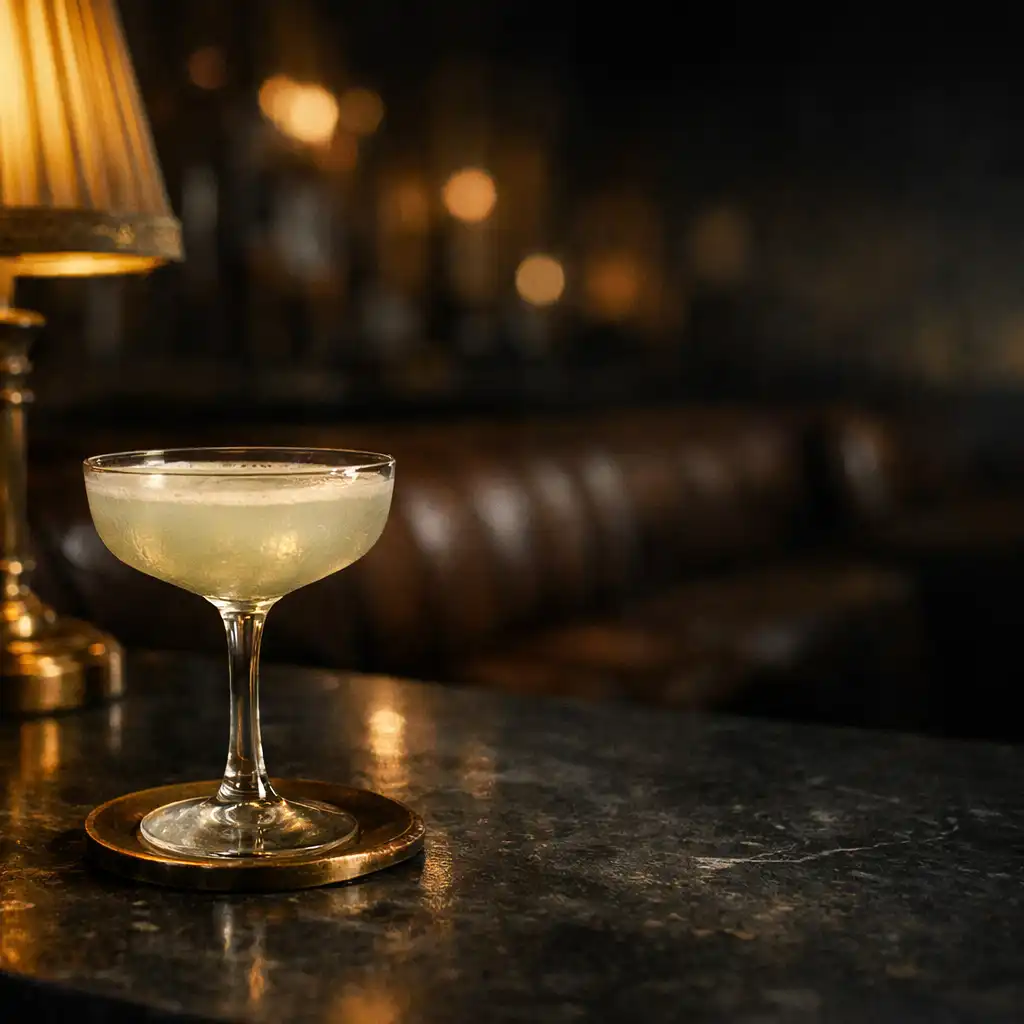 Détail d'un verre et de laiton sur un comptoir sombre de salon de cocktails