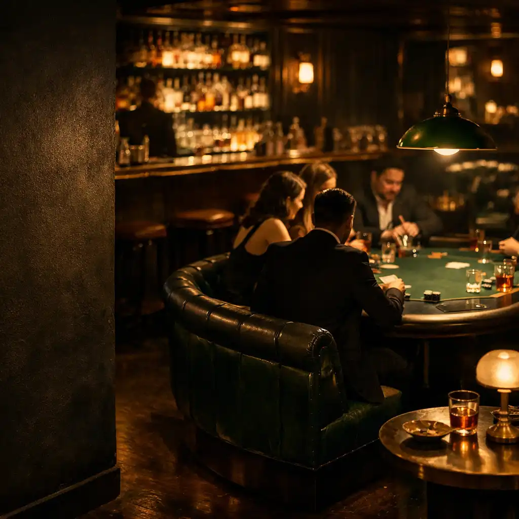 Ambiance nocturne de Navzerelle avec bar, banquettes et table de poker en arrière-plan
