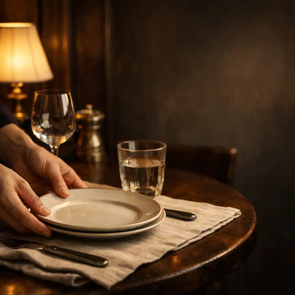Préparation soignée d'une table de bistro dans une lumière chaude
