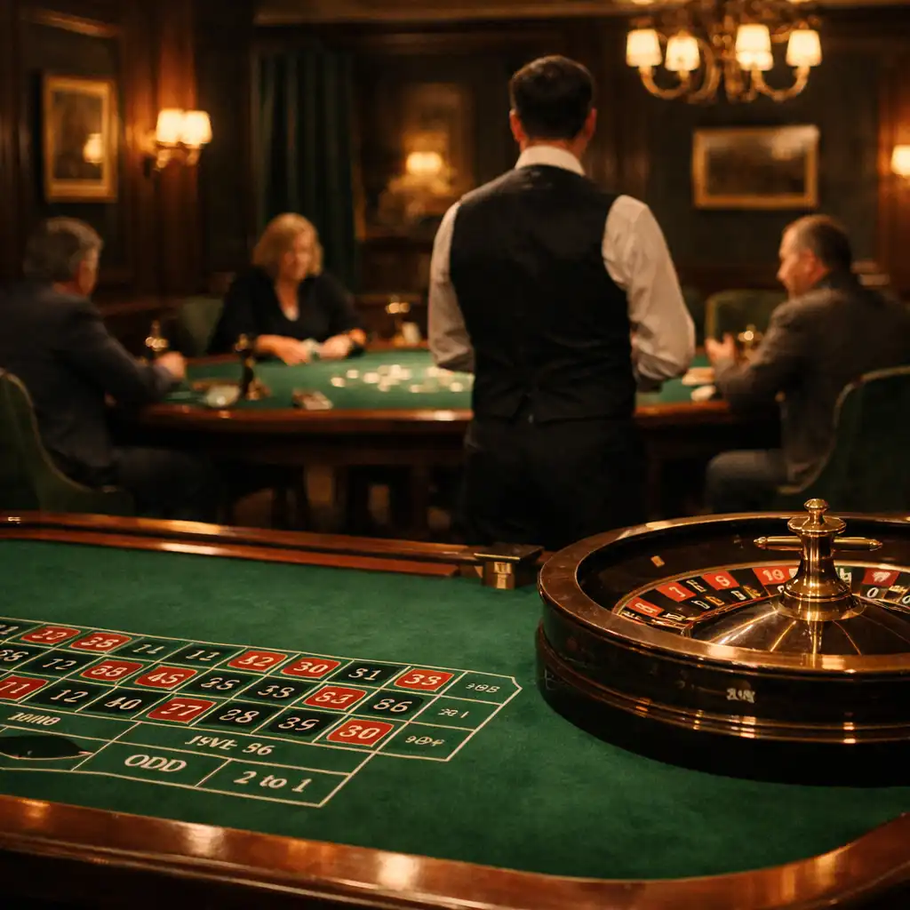 Salon privé avec tables en feutre, roulette, poker et croupier en direct