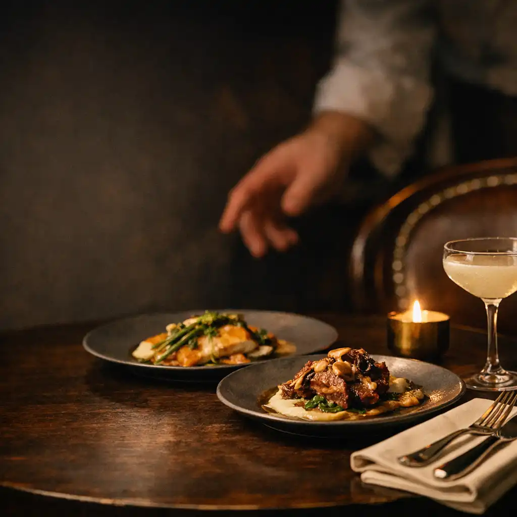 Table de bistro raffinée avec couverts, verrerie et lumière chaude