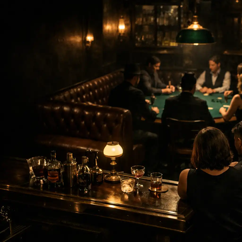 Atmosphère nocturne de Navzerelle avec comptoir, banquettes et table en feutre aperçue au fond