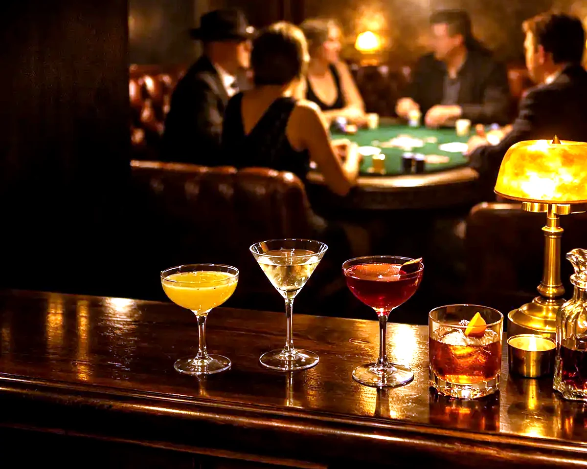 Bar nocturne de Navzerelle avec cocktails et table en feutre au second plan