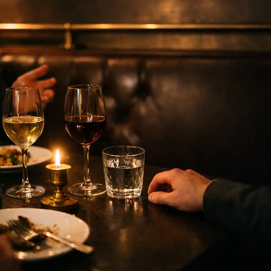 Table de bistro intimiste éclairée doucement, avec verrerie et invités en conversation