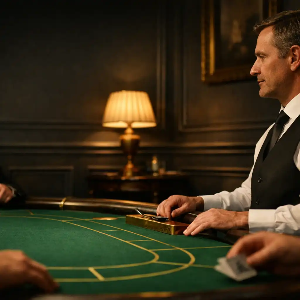 Table en feutre vert dans le salon privé de Navzerelle avec un croupier en direct