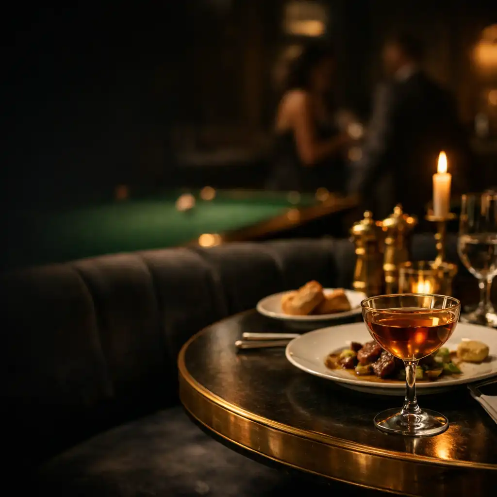 Table élégante de bistro avec verre à cocktail, détails en laiton et ambiance nocturne
