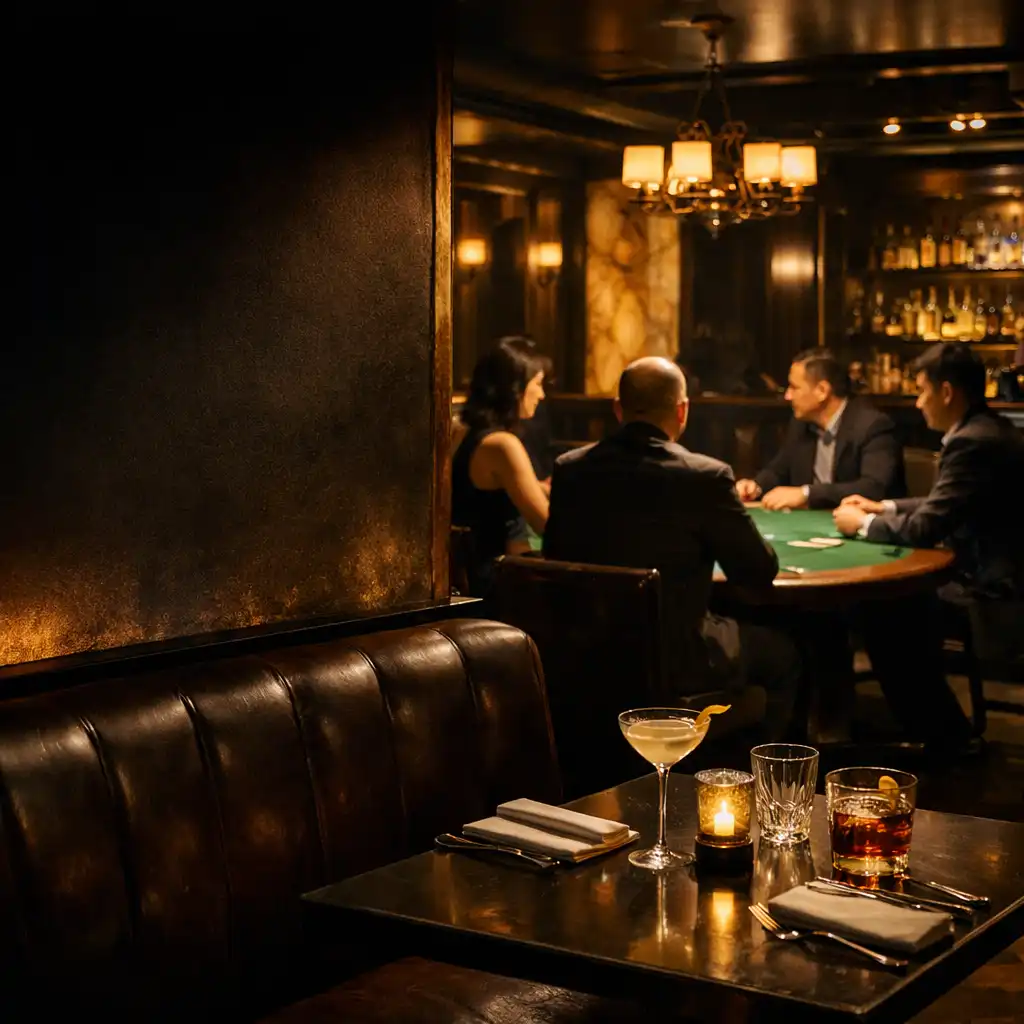 Bistro nocturne avec bar en laiton, banquettes sombres et table en feutre vert au second plan