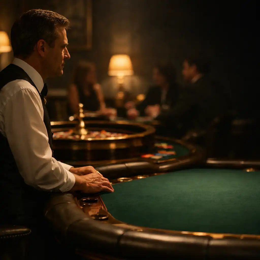 Table en feutre émeraude et croupier de profil dans un salon privé à lumière basse.