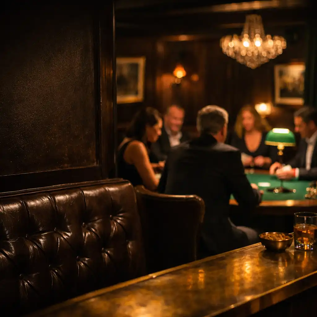 Salon privé Navzerelle à la lumière basse avec table en feutre et invités autour d'une partie